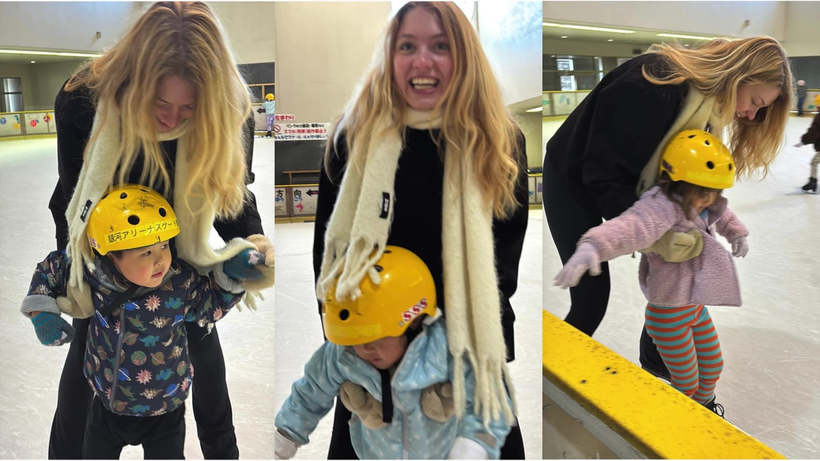 An intern helping children ice-skate